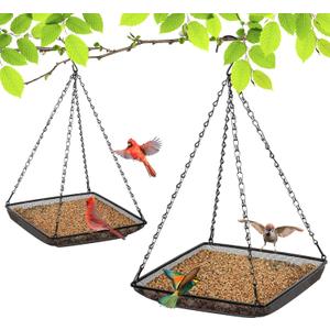 MIXXIDEA Hanging Bird Feeder Tray 11x11 Inches, Metal Mesh Platform Seed Feeder with Durable Chains for Outdoors Outside Great for Attracting Wild Birds, 2 Pack