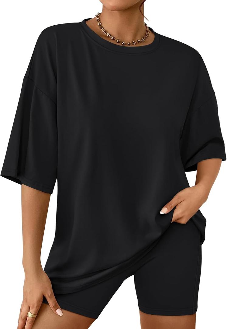 AUTOMET Womens 2 Piece Sets Summer Outfits 2026 Two Piece Lounge Set Matching Clothing Oversized T-shirts Biker Short Fashion (Black) Medium 