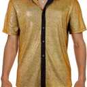 Zando Men's Sequin 70s 80s Disco Shirt - Retro Short Sleeve Button Up Costume Halloween New Year Party Outfit Top & Clubwear (Large)