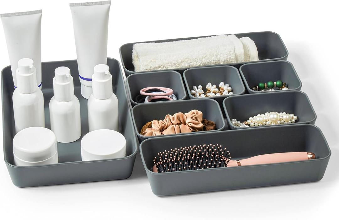 ISSEVE 8Pcs Nesting Silicone Drawer Organizer Trays, 4 Size Versatile Vanity Bathroom & Desk Drawer Organizer Set Storage Bins for Office,Kitchen,Nightstand,Black