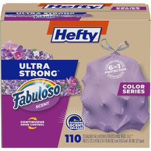 Hefty Ultra Strong 13 Gallon Trash Bags, Tall Kitchen Trash Bags 13 Gallon Size, Resist Leaks, Punctures, and Rips, Continuous Odor Control, Purple, Fabuloso Scent, 110 Bags