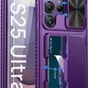 Vihibii for Samsung Galaxy S25 Ultra Case with Card Holder (4 Cards), Built-in 2X Tempered Glass Screen Protector, Slide Lens Cover, Rugged & Shockproof Wallet Case for S25 Ultra 6.9" 5G, Dark Purple