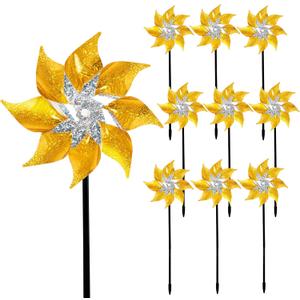 Hausse 10 Pack Reflective Pinwheels with Stakes, Extra Sparkly Pin Wheel for Garden Decor, Bird Repellent Devices Deterrent to Scare Birds Away from Yard Patio Farm, Golden