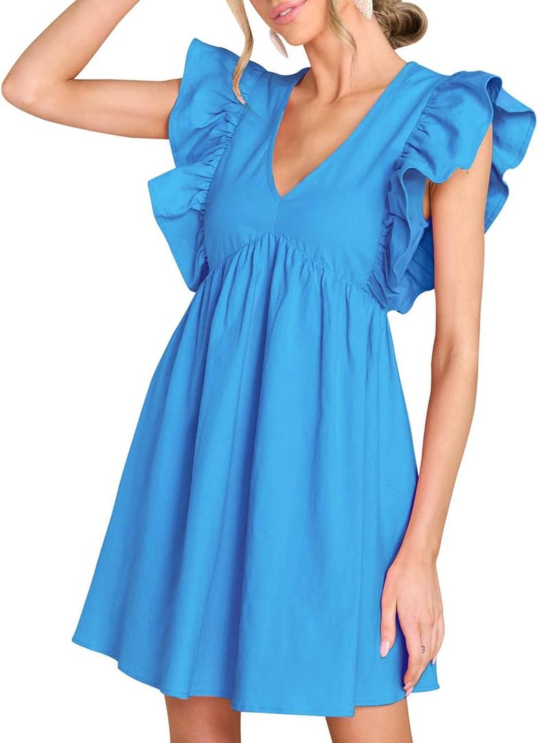 FANCYINN Women's Summer Casual Babydoll Mini Dress Ruffle Sleeveless Deep V Neck Pleated Swing Flowy Tunic Dress (Blue, M)