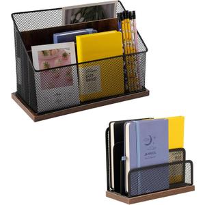 3-Tier Vertical File Storage with Retro Wooden Desk Mail Organizer and Metal Mesh Desktop Organizer for Home Office (M2)