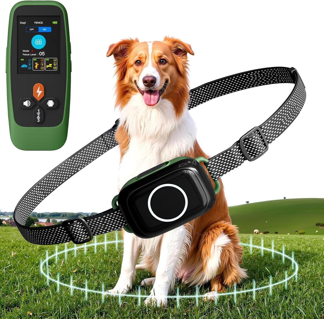 4-in-1 Wireless Dog Fence System Electric Dog Fence with Training Collar & Anti-Bark Collar | Real-Time Pet Status Display | Portable Waterproof Outdoor Pet Containment System