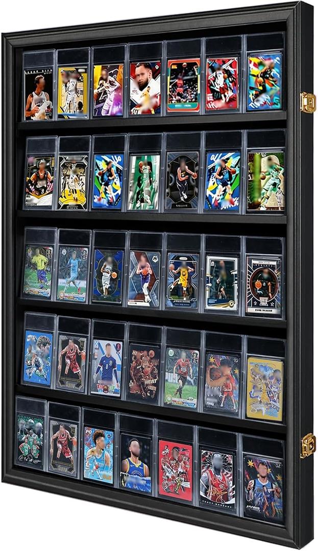 VERANI 35 Baseball Card Display Case - Graded Sports Card Display Frame - Holds Sport Cards with UV Protection Clear View Lockable Wall Cabinet for Football Basketball Hockey Trading Card Large Black