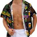 Purple Mardi Gras Shirt for Men Button Down Short Sleeve Hawaiian Shirts (Black, S)