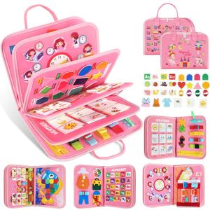 URMYWO Busy Board - Montessori Toys for 1 2 3 4 Year Old, Busy Book Toddler Activities with Fine Motor Skills, Autism Sensory Toys Gifts for Boys Girls, Travel Toys for Road Trip Plane Car (Pink)