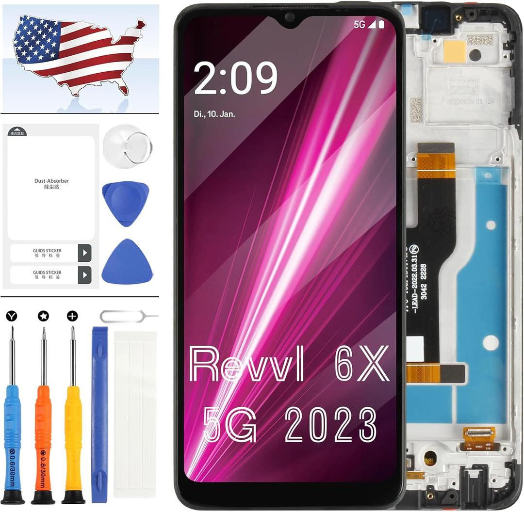 Dsipaly for T-Mobile Revvl 6X 5G Screen Replacement for T-Mobile Revvl 6X TMRV065G LCD Display Digitizer Touch Screen Assembly Repair Parts 6.5" Black with Frame