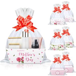 Resurhang 6 Set Happy Mothers Day Baskets for Gifts Empty to Fill with Cellophane Wrap Ribbons Bows 10 x 7.9 x 3.2 In Rose Cardboard Basket Tray for Women Her Mom May Day Birthday Gift Packaging
