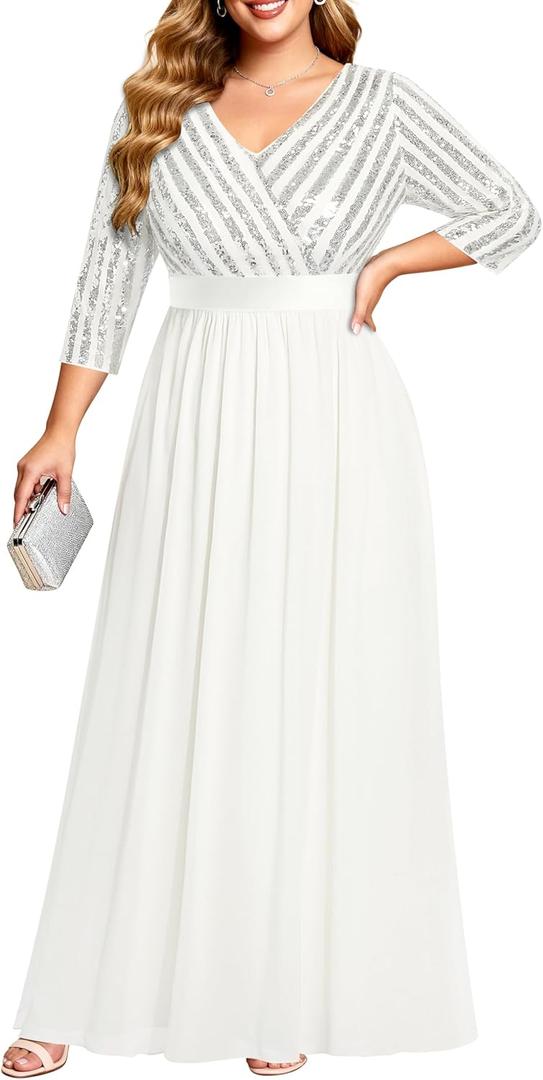 Talisea Womens Plus Size Formal Dresses - V Neck 3/4 Sleeve Sequin Prom Evening Gowns Long Maxi Dress (White) 16 plus