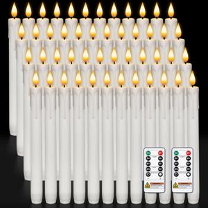 Homemory 48 Pcs Plastic Flameless Taper Candles with Remote Timer Dimmer, Taper Candles Battery Operated with Flickering Light, White Led Candlesticks for Wedding Party Holiday Decoration 9.6 Inches