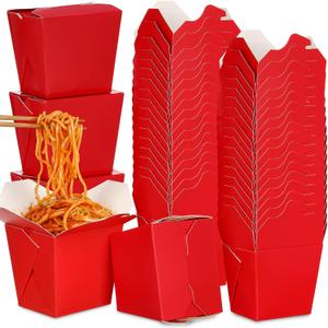 Affrolling 100 Pack 16 oz Chinese Take out Boxes Paper Take Home Boxes, Leakproof Greaseproof Food Containers Stackable Paper Food Containers for Restaurant Catering Event and Party(Red)