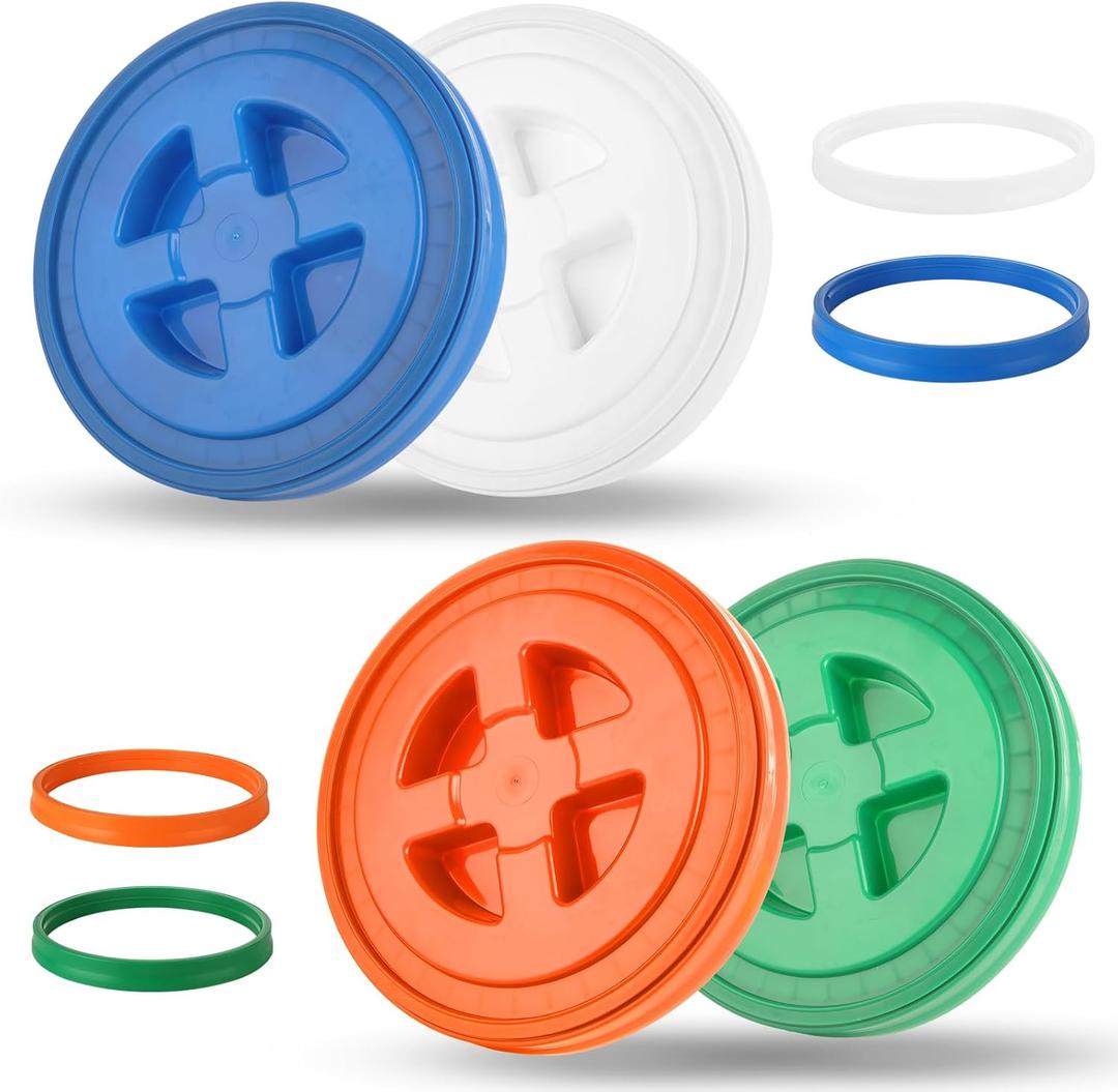 4 Pieces 5 Gallon Leak-Proof Bucket Lid Food Grade Plastic Storage Buckets Screw Seal Lids Screw Pail Lid Pet Food Storage Chicken Feeders (White, Blue, Green, Orange)