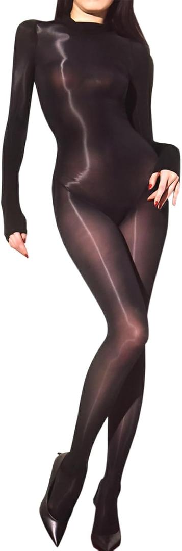RUIBAVYA Body Stockings For Women Sexy Lingerie Bodysuit Oil Shiny Bodystocking Turtleneck Full Body Stocking (Black)
