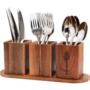 3 Pcs Acacia Wood Silverware Caddy,Utensil Holder for Countertop,Silverware Cutlery Holder for Patry,Flatware Organizers with Tray,Kitchen Utensil Caddy Organizer for Forks Spoons Knives