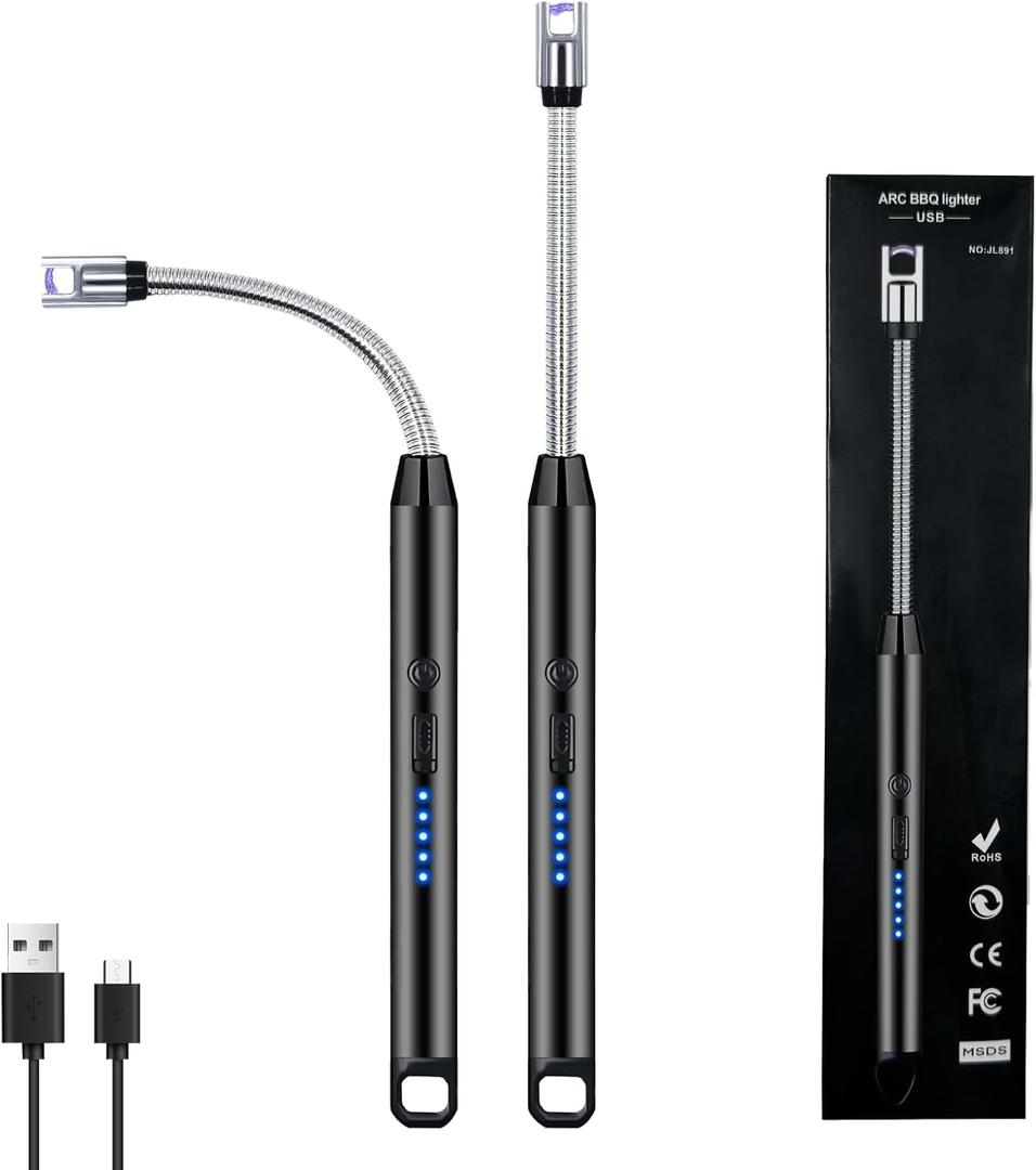 2 PCS Candle Lighter, Electric Lighter Arc Windproof Flameless with 360 Flexible Neck & LED Power Display, Lighters for Candle for BBQ, Grill, Camping, Fireplace, Stove (Black)