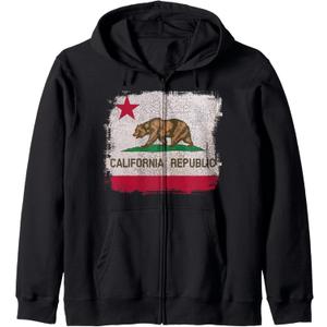 California Republic Flag Distressed Souvenir Bear Zip Hoodie (Small, Black)