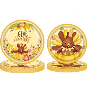 48 Pcs Thanksgiving Paper Plates Cute Turkey Party 9-Inch 7-Inch Disposable Dinnerware Supplies for Fall Autumn Holiday Tableware