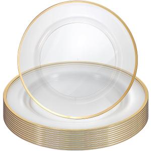 DIVINA VITAE 25 Pack Charger Plates Bulk Clear Charger Plates with Gold Trim, 12 Inch Gold Plastic Chargers Plate Disposable for Party, Wedding, Dinne, Thanksgiving,Halloween,Christmas