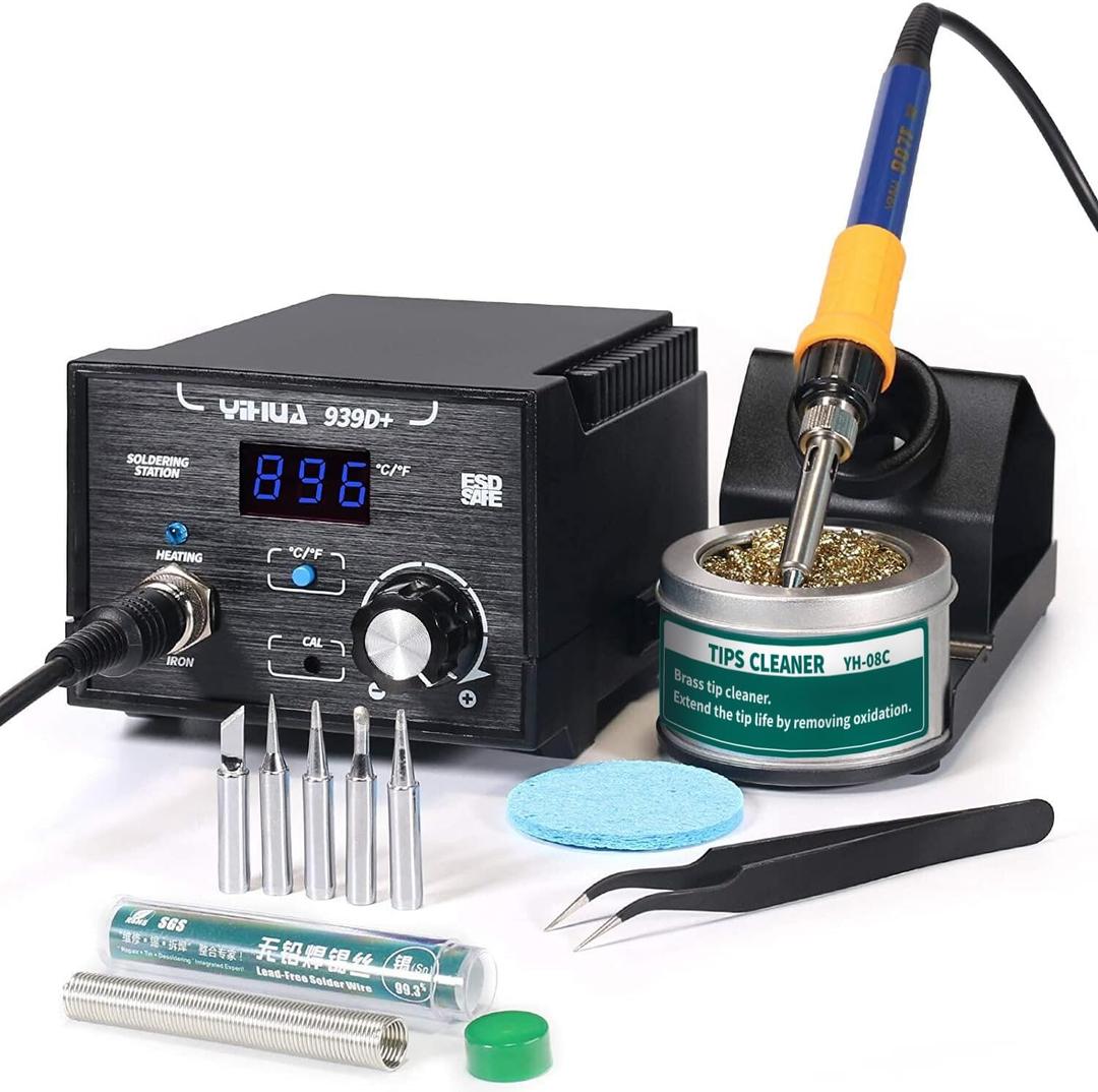 YIHUA 939D+ Digital Soldering Station, 75W Equivalent with Precision Heat Control (392F to 896F) and Built-in Transformer. ESD-safe, lead-free with C/F display (Black)