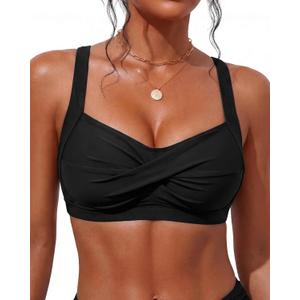 Women's Twist Front Bikini Top Large Bust Sporty Padded Swimsuit Bathing Suit Tops Only (Black, S)
