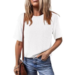 ANRABESS Womens Short Sleeve Tops Crewneck Summer Casual Ribbed Knitted T Shirts White X-Large