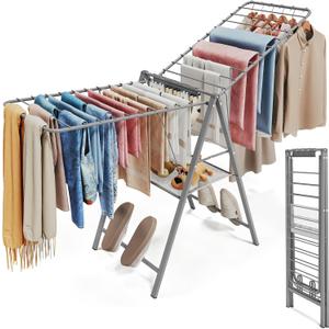 APEXCHASER Clothes Drying Rack Foldable, Metal Laundry Drying Rack Collapsible, Portable Compact Clothes Rack for Sweater Baby Clothes Towel Indoor & Outdoor, Height Adjustable Clothes Airer, Grey (Gray)