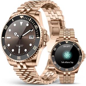 2025 DA GPT Smart Watch, Deep Search, Heart Rate, Blood Pressure, Blood Oxygen, Sleep Monitor, 107 Sports Modes, Waterproof Round Watch, 1.19-inch AMOLED Display, Compatible Android and iOS Gold Metal