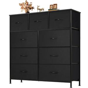 Dresser for Bedroom with 9 Drawers, Anti-Tip Fabric Storage Tower, Wood Top and Metal Frame Organizer for Clothes, Closet, Entryway, Hallway Furniture,Black