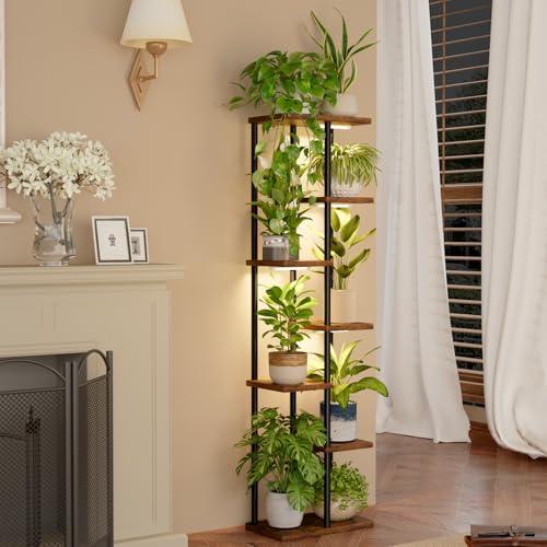 Bamworld Plant Stand with Grow Light for Indoor Plants Corner 8 Tier Metal Plant Shelf Wood Flower Stand for Home Living Room Decor Patio Decor