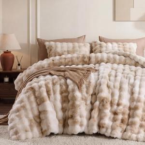 Smoofy Fluffy Comforter Set Queen - Ultra Faux Rabbit Fur Bubble Comforter, Tie-Dye Beige Luxury Plush Bedding Set, Cloud-Like Soft & Cozy for Winter Comforter with 2 Pillowcases, Room Decor Aesthetic (3 Pieces-Queen (90X90''))