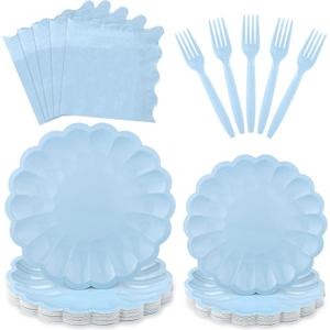 96 Pcs Light Blue Paper Plates and Napkins Party Supplies Serve 24 Guests Include Scalloped Dinner Plate 9.5", Dessert Plate 7.5", Napkins Plastic Forks for Boy Baby Bridal Shower Wedding Birthday