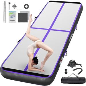 FBSPORT Inflatable Air Gymnastics Mat Training Mats 4/8 inches Thickness Gymnastics Tracks for Home Use/Training/Cheerleading/Yoga/Water with Pump, 10ft*3.3ft*4in(3*1*0.1m), Black Purple