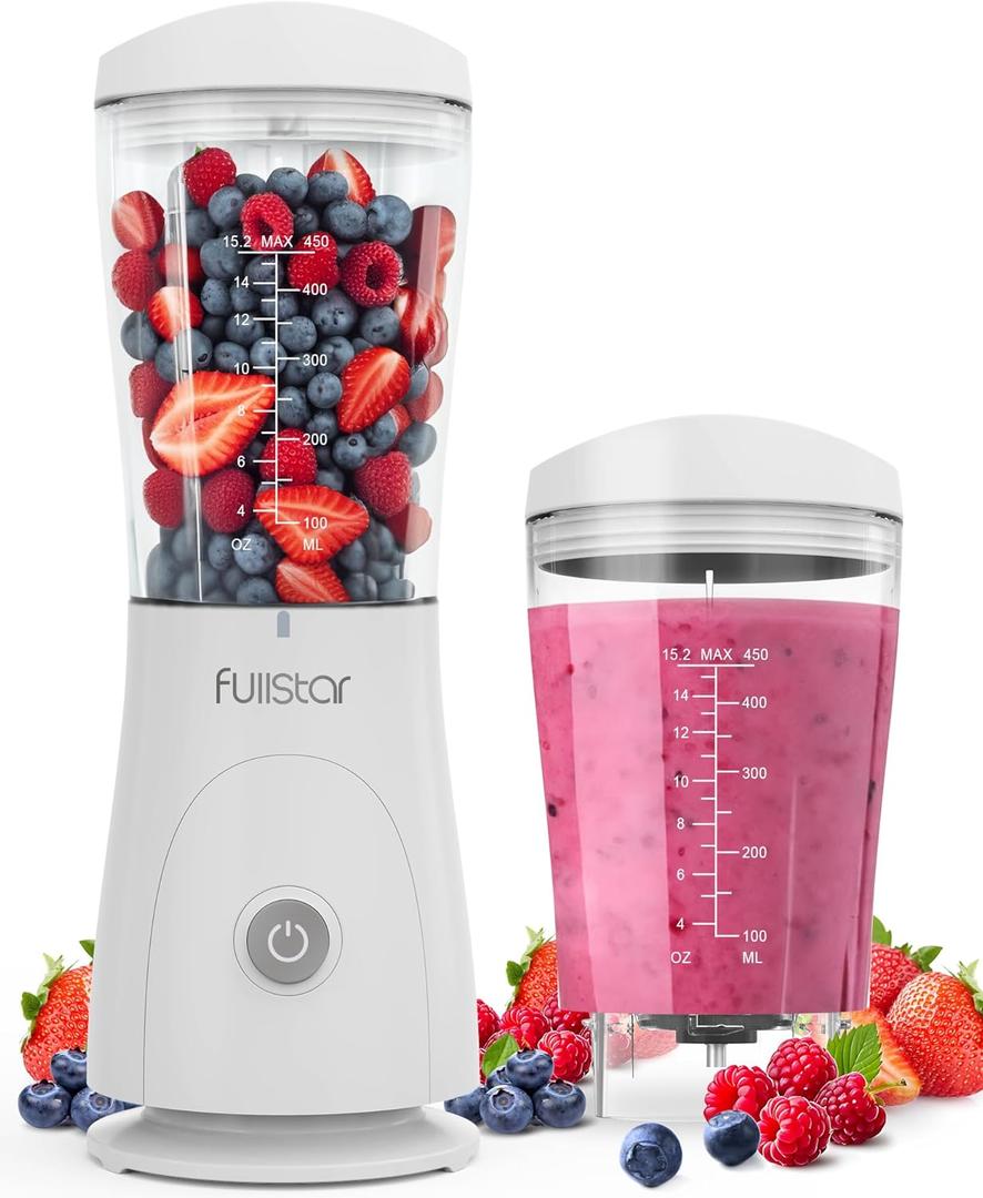 Fullstar Portable Blender for Smoothies and Shakes  15 oz Mini Personal Travel Blender with Sipper Lid, Compact Smoothie Maker for Office, Home, and Kitchen (White)