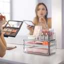 Delamu 3-Tier Clear Makeup Organizer with Drawer, Acrylic Cosmetic Display Case for Makeup Vanity Bathroom Counter Organizers and Storage, Stackable Vanity Organizer for Brushes Lipsticks Skincare