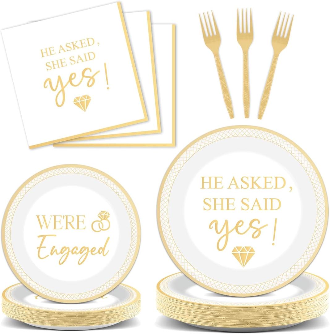 200Pcs Happy Engagement Party Supplies Engagement Paper Plates Napkins She Said Yes Party Tableware Set She Said Yes Disposable Dinnerware for Wedding Birthday Bridal Shower Decoration Serve 50