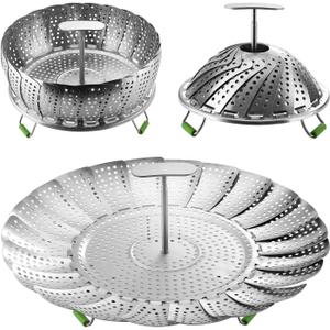 Flexzion Vegetable Steamer Basket for Pot - Stainless Steel Steaming Basket for Veggie, Fish, Meats, Eggs - Extendable Expandable Foldable Steam Basket w/Handle for Various Pot Size, 7 to 11 Inch