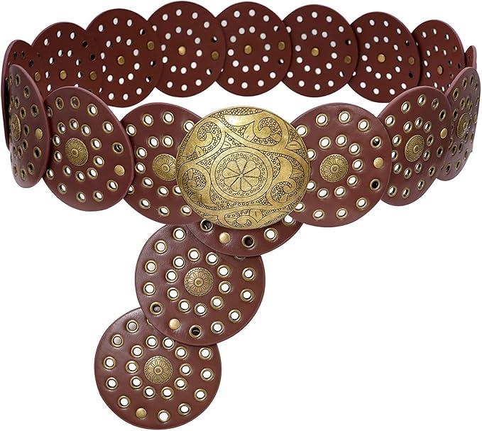 Gleamart Round Disc PU Leather Belt Vintage Western Cowboy Style Wide Belt Gift For Women (Length: 45.3IN/115CM, Black 115)