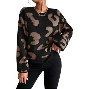 WDIRARA Women's Leopard Sweaters Crew Neck Long Sleeve Pullover Knit Tops (S)