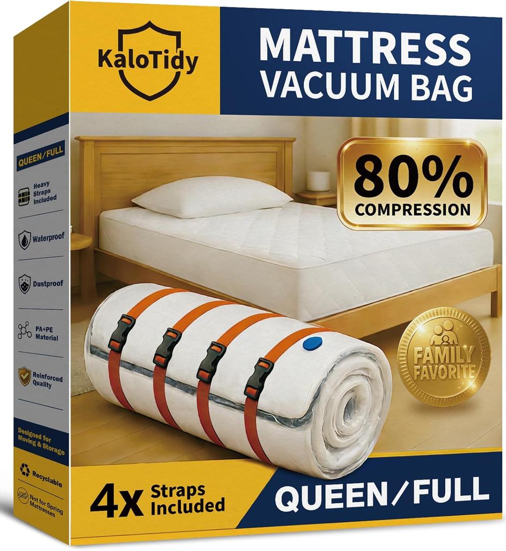 Memory Foam Mattress Vacuum Bag, Heavy-Duty Mattress Storage Bag for Moving and Transport, Mattress Compression Bag with Straps & Dual-Zip Seal (Orange Straps, Queen/Full-XL)