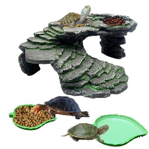 3PCS Turtle Basking Platform Tortoise Resin Dock Tortoise Climbing Ramp Shale with Leaf Tortoise Food Dish Reptile Food Water Bowls Great for Reptiles,Amphibians and Fish