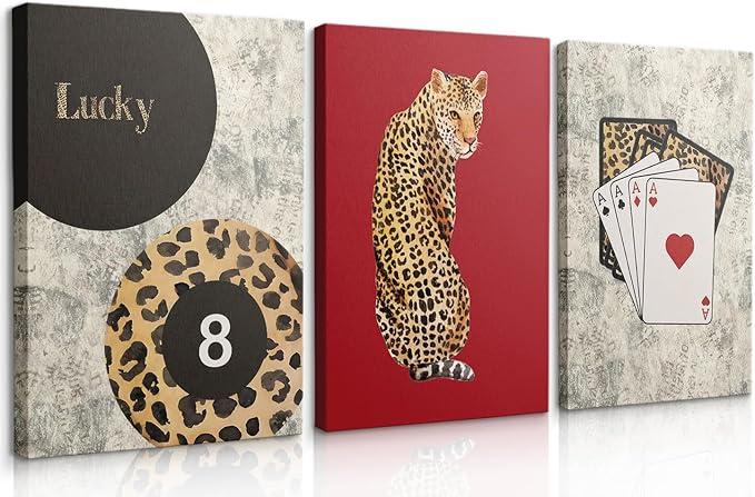 3 Pcs Red Trendy Leopard Wall Art Vintage Cheetah Pictures Funky Lucky 8 Ball Posters Prints Fashion Preppy Aesthetic Cheetah Wall Decor Painting for Girly Bedroom Apartment Dorm(12x16in Canvas)