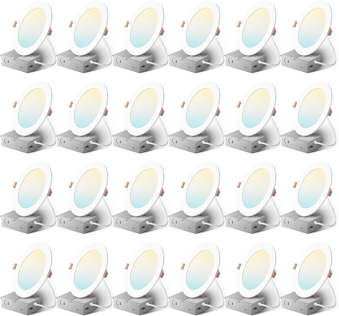 Amico 24 Pack 6 Inch 5CCT Ultra-Thin LED Recessed Ceiling Light with Junction Box, 2700K/3000K/3500K/4000K/5000K Selectable, 1050 Lumens, Dimmable Canless Wafer Downlight, 12W Eqv 110W-ETL&FCC (White)