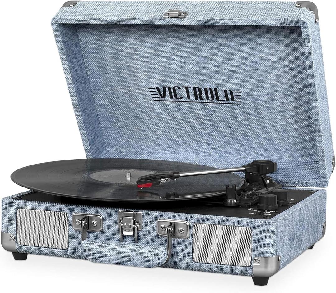 Victrola Journey Bluetooth Portable Suitcase Record Player  with Built-in Speakers, 3 Speed Vinyl Record Player, RCA Out, Headphone Jack, Light Denim Blue Linen