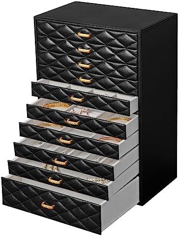 FEIYAN Extra Large Jewelery Box, 10-Layer Storage Case, Faux Leather Organizer with Drawers, Velvet Lining, Scandinavian Nordic Style (BLACK)