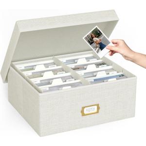 Decorative Photo Storage Box - Linen Photo Box Organizer with Dividers, Fits Holds Up to 1700 Pictures and 4x6 Photos, Memory Keepsake Organizer for Photos, Scrapbook Supplies, Cards, Stamps (Beige)