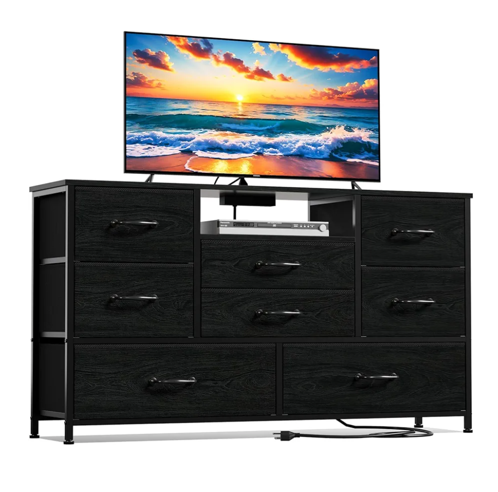 Furnulem Dresser TV Stand with Power Outlet for 55'' Long TV, Entertainment Center with 8 Deep Drawers,Wide Chest of Drawer for Storage in Bedroom,Closet,Living Room,Hallway(Black Oak)