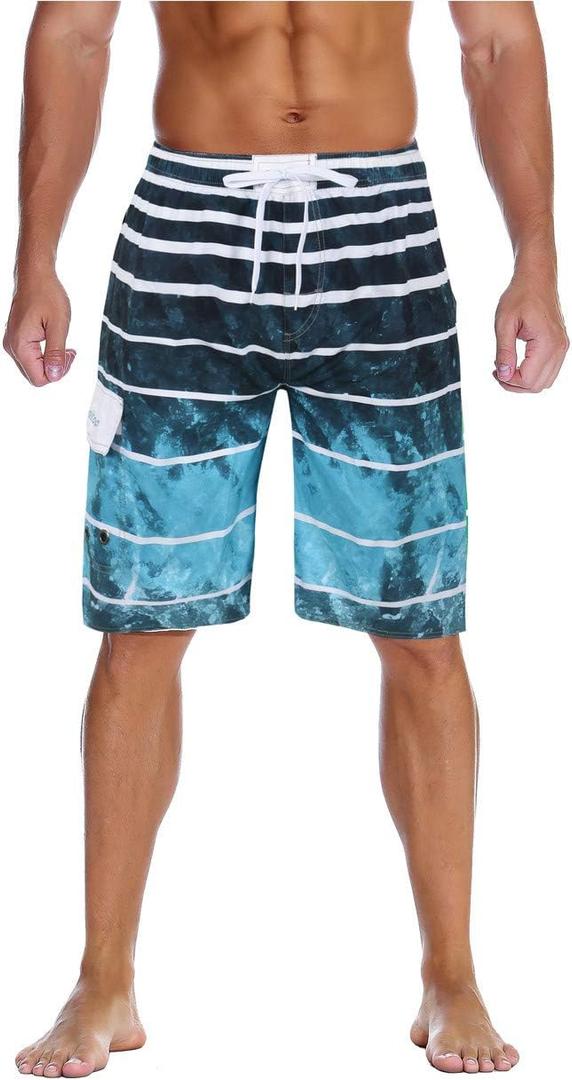 unitop Men's Swimming Trunks Quick Dry Summer Striped Beach Board Shorts with Lining (34, Lake Blue)